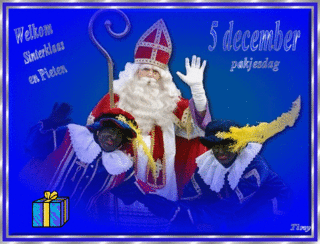 Animatie van Sinterklaas met tekst: Welkom Sinterklaas en Pieten, 5 december pakjesdag