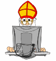 Animatie van Sinterklaas of zwarte Piet achter de computer: Sinterklaas zit achter zijn computer te typen