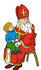 Animatie van Sinterklaas: Sinterklaas heeft een jongentje op schoot en kijkt heen en weer