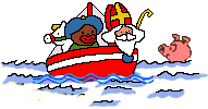 Animatie van de boot van Sinterklaas: Sinterklaas en Zwarte Piet varen op zee en zien een varken zwemmen