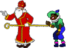 Animatie van Sinterklaas en Zwarte Piet: Sinterklaas loopt met zijn staf in de hand en Zwarte Piet lacht hem uit