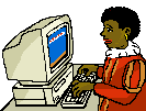 Animatie van Sinterklaas of zwarte Piet achter de computer: Zwarte Piet zit achter zijn computer te typen en kijkt verbaasd naar wat er op het beeldscherm verschijnt