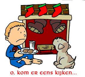 Animatie van Sinterklaas met tekst: O, kom er eens kijken, Zwarte Piet zit vast in de schoorsteen