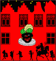 Animatie van Zwarte Piet: Het licht in de huizen gaat aan en uit en Zwarte Piet kijkt om zich heen