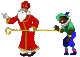 Animatie van Sinterklaas en Zwarte Piet: Sinterklaas loopt met zijn staf in de hand en Zwarte Piet lacht hem uit