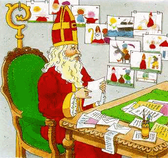Nostalgische animatie van Sinterklaas: Sinterklaas leest een brief en heeft de muur vol hangen met tekeningen