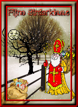 Animatie van Sinterklaas met tekst: Fijne Sinterklaas, Sinterklaas staat in een winterlandschap