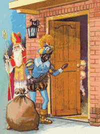 Nostalgische animatie van Sinterklaas: Sinterklaas en Zwarte Piet staan met de zak vol pakjes voor de deur