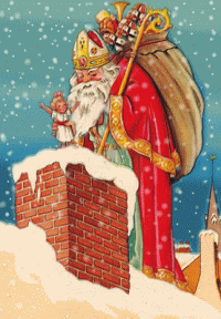 Nostalgische animatie van Sinterklaas: Sinterklaas staat bovenop het dak en gooit een pop in de schoorsteen