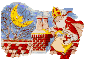 Nostalgische animatie van Sinterklaas: De maan schijnt door de bomen en Sinterklaas staat bovenop het dak met een zak cadeautjes