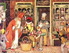 Nostalgische animatie van Sinterklaas: Sinterklaas en Zwarte Piet staan in een bakkerij