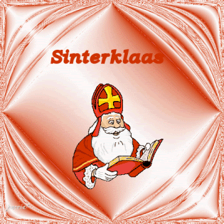 Animatie van Sinterklaas met tekst: Sinterklaas bladert door zijn grote boek met een roze achtergrond