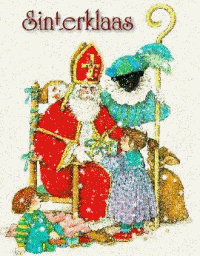 Nostalgische animatie van Sinterklaas: Sinterklaas zit in de sneeuw op zijn stoel met naast hem Zwarte Piet die zijn staf vasthoudt