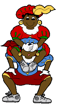Animatie van Zwarte Piet: Zwarte Piet zit bij een andere Zwarte Piet op de schouders en doet zijn handen voor de ogen van de ander
