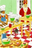 Nostalgische animatie van Sinterklaas: Bakpiet staat marsepein te maken terwijl de katten op de vloer de restjes opeten