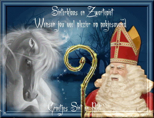 Animatie van Sinterklaas met tekst: Sinterklaas en Zwarte Piet wensen jou veel plezier op pakjesavond. Groetjes Sint en Piet