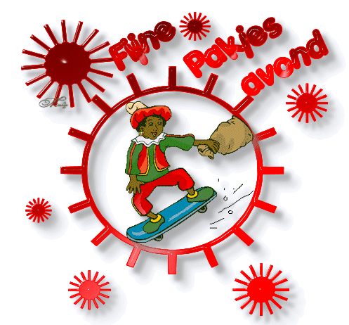 Animatie van Sinterklaas met tekst: Fijne pakjesavond met Zwarte Piet op een skateboard