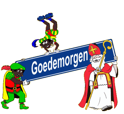 Animatie van Sinterklaas met tekst: Sinterklaas en Zwarte Piet houden een bord omhoog met daarop Goedemorgen