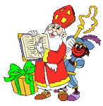 Animatie van het boek van Sinterklaas: Sinterklaas wijst iets aan in zijn boek terwijl Piet zijn staf vasthoudt