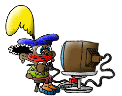 Animatie van Sinterklaas of zwarte Piet achter de computer: Zwarte Piet zit voor een computer die op en neer beweegt