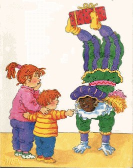 Nostalgische animatie van Sinterklaas: Zwarte Piet doet een handstand met een pakje terwijl twee kinderen toekijken