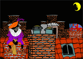 Animatie van Sinterklaas of Zwarte Piet op het dak: Zwarte Piet zit op het dak op de schoorsteen terwijl het licht onder het dakraam aan en uit gaat