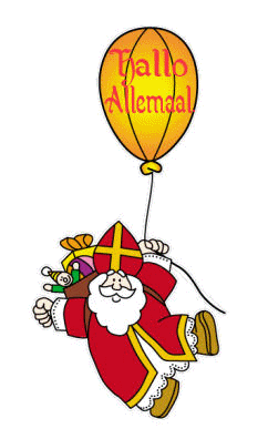 Animatie van Sinterklaas: Sinterklaas hangt aan een ballon en wenst iedereen een fijne avond totdat de ballon knapt