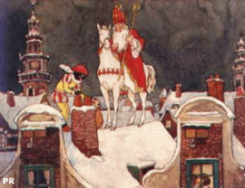 Nostalgische animatie van Sinterklaas: Sinterklaas rijdt met zijn paard Americo over de daken terwijl Zwarte Piet cadeautjes door de schoorsteen gooit