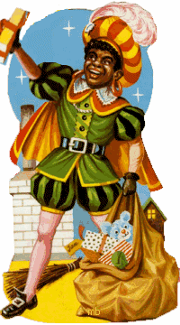 Nostalgische animatie van Sinterklaas: Zwarte Piet heeft een pakje uit de zak gehaald en houdt dit omhoog