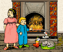 Animatie van de schoorsteen: Twee kinderen staan voor de open haard te kijken terwijl de kat rustig ligt te spinnen