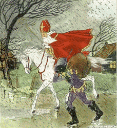 Nostalgische animatie van Sinterklaas: Sinterklaas en Zwarte Piet trotseren samen met hun paard wind en regen