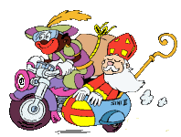 Animatie van Sinterklaas en Zwarte Piet: Sinterklaas en Zwarte Piet zitten in een motor met zijspan